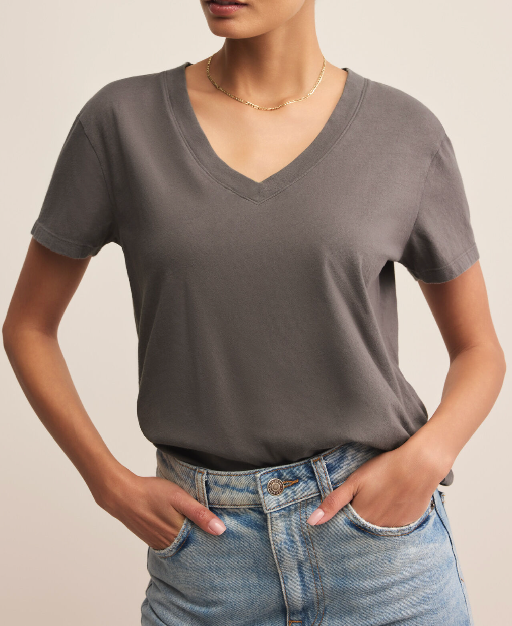 Washed Grey Short Sleeve V-Neck Top