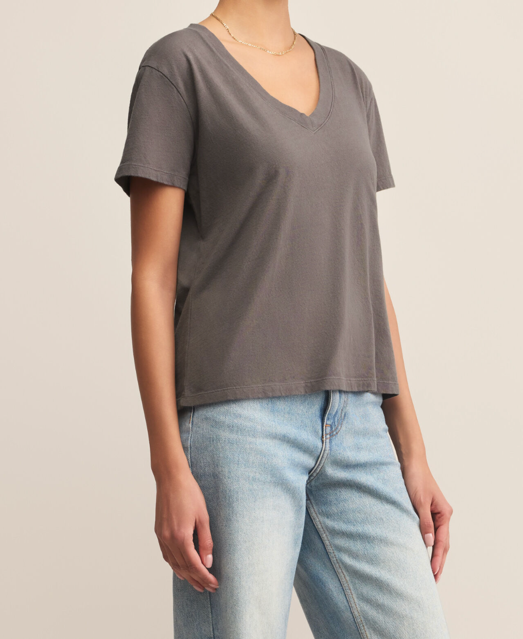 Washed Grey Short Sleeve V-Neck Top