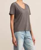 Washed Grey Short Sleeve V-Neck Top