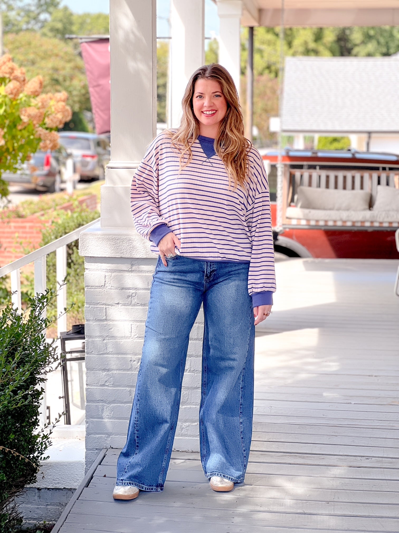 Pink/Denim Striped Long Sleeve Sweatshirt