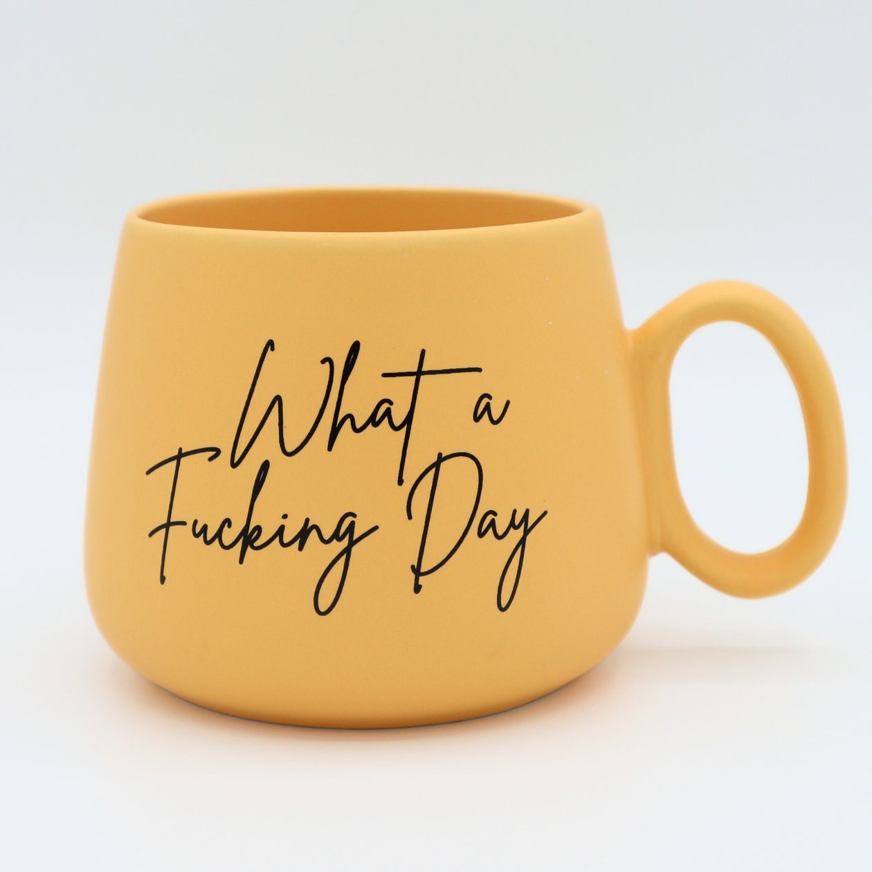 Yellow Jumbo Mug that says "What a Fucking Day"