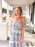 blue and white patterned dress, midi length, spaghetti straps