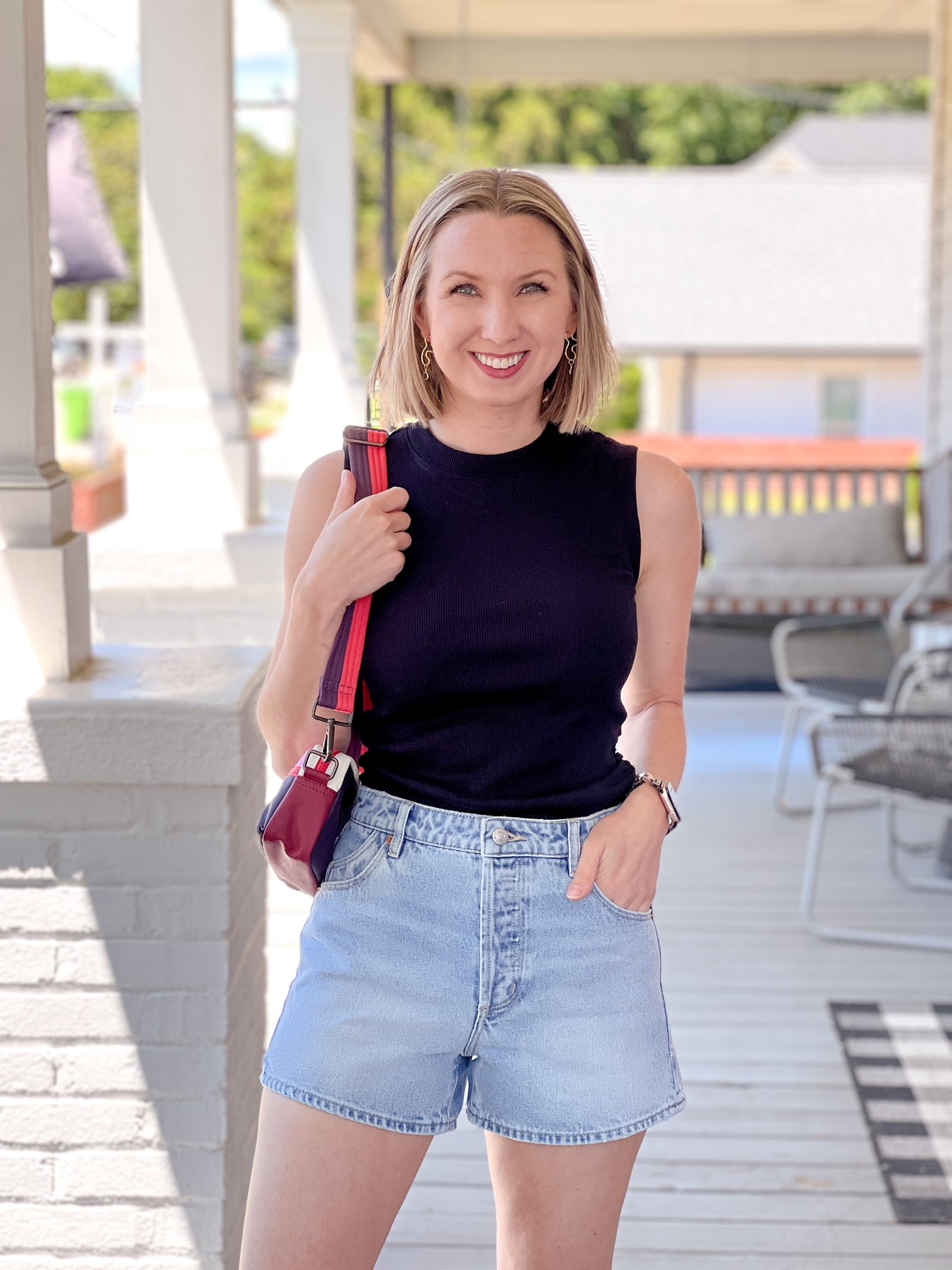 high rise, light wash denim shorts