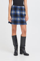 blue plaid mini length skirt