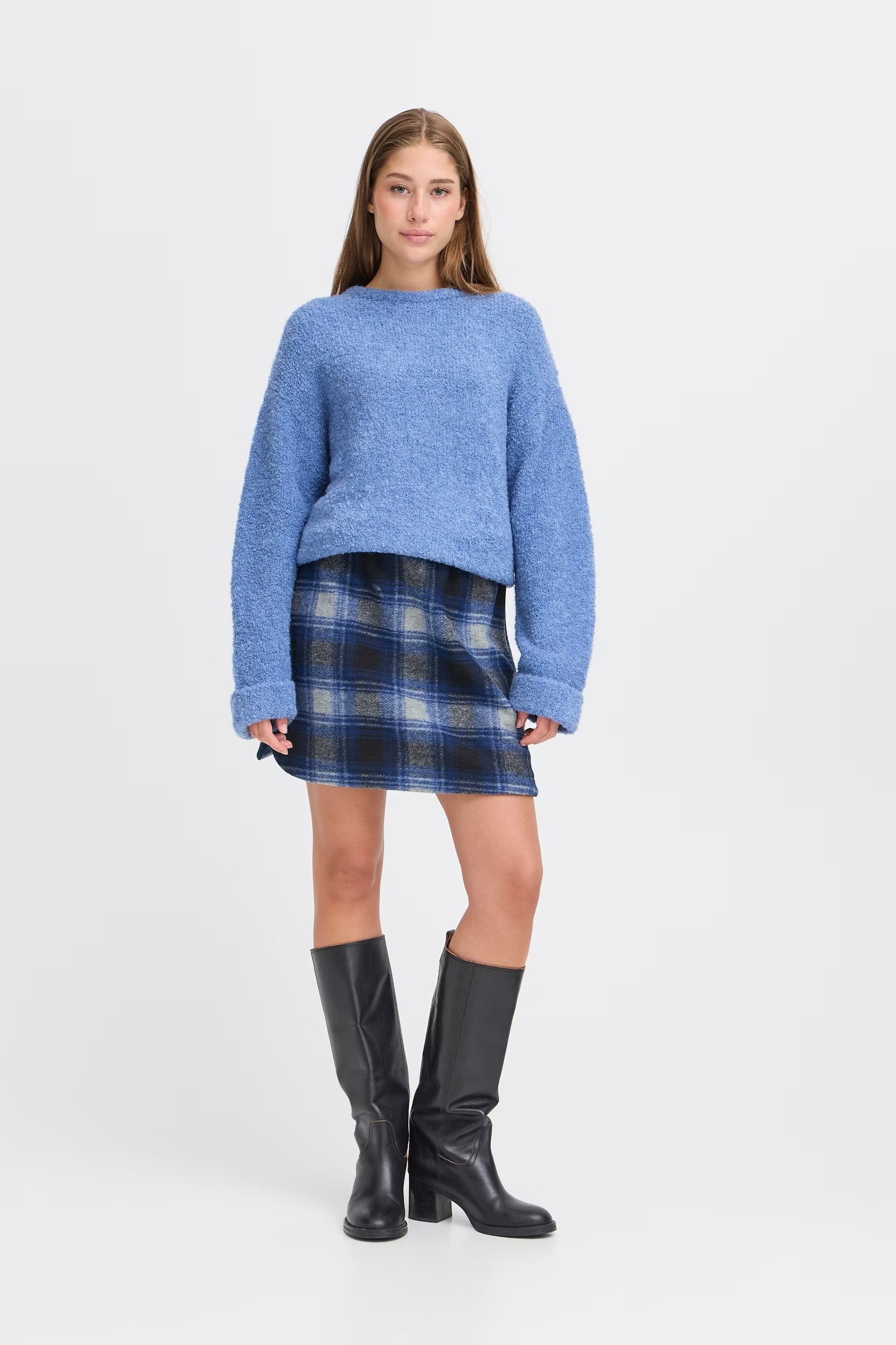 blue plaid mini length skirt