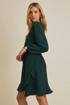 Dark Green and Black Grid Pattern Long Sleeve Mini Dress