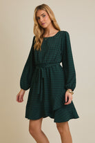 Dark Green and Black Grid Pattern Long Sleeve Mini Dress