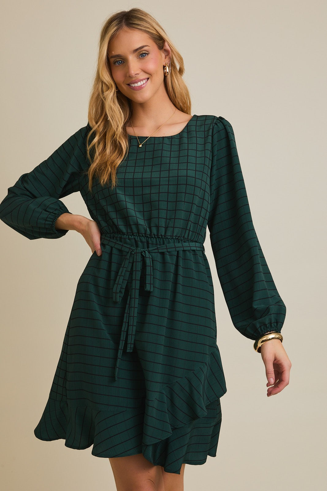 Dark Green and Black Grid Pattern Long Sleeve Mini Dress