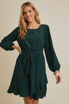 Dark Green and Black Grid Pattern Long Sleeve Mini Dress