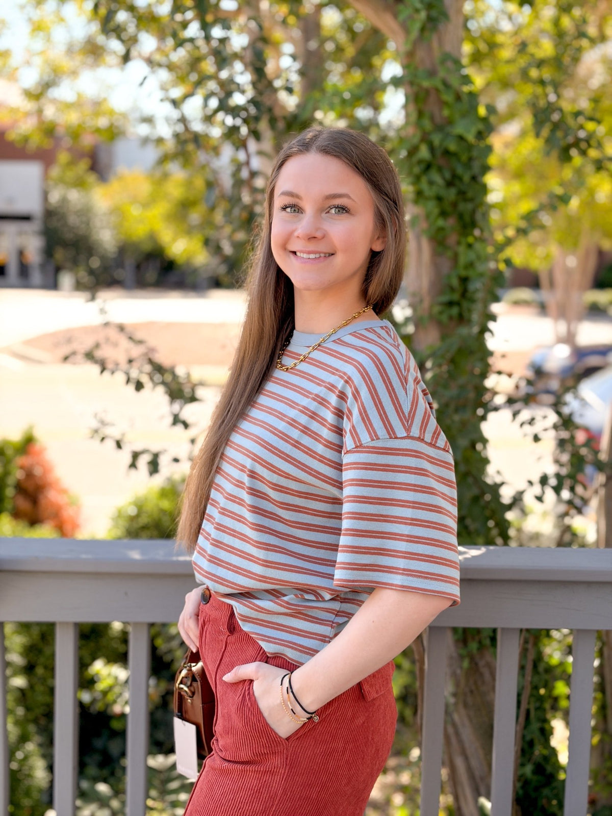 Rose & Lee Co Zoe Top, Blue/Rust short sleeve