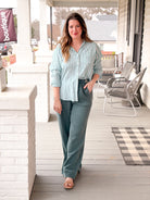 Green Striped Long Sleeve Button Up