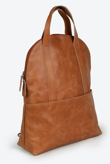 Joyn leather halfmoon backpack camel Raleigh ethical boutique