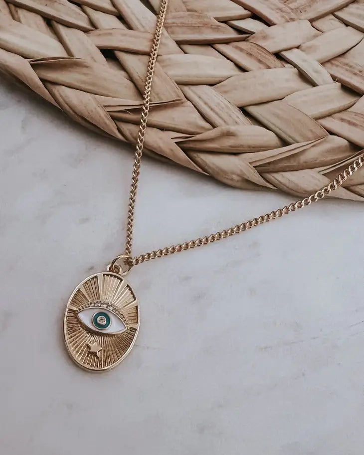 Gold Evil Eye oval pendant necklace Ethical Apex Boutique