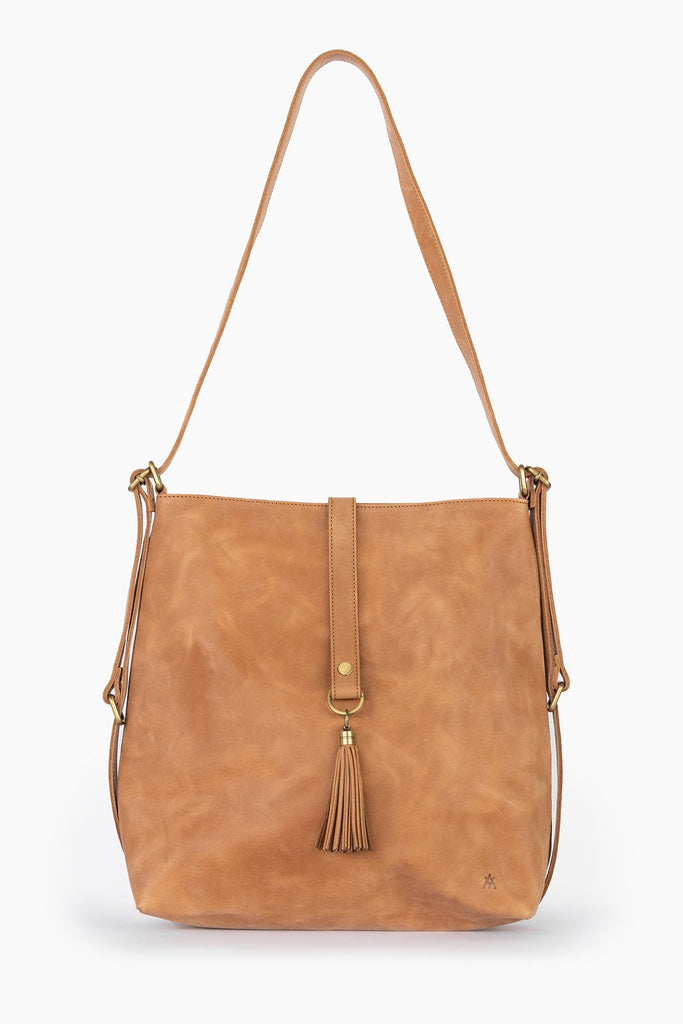 Elevate 2 in 1 slingback backpack and crossbody in camel Raleigh ethical boutique