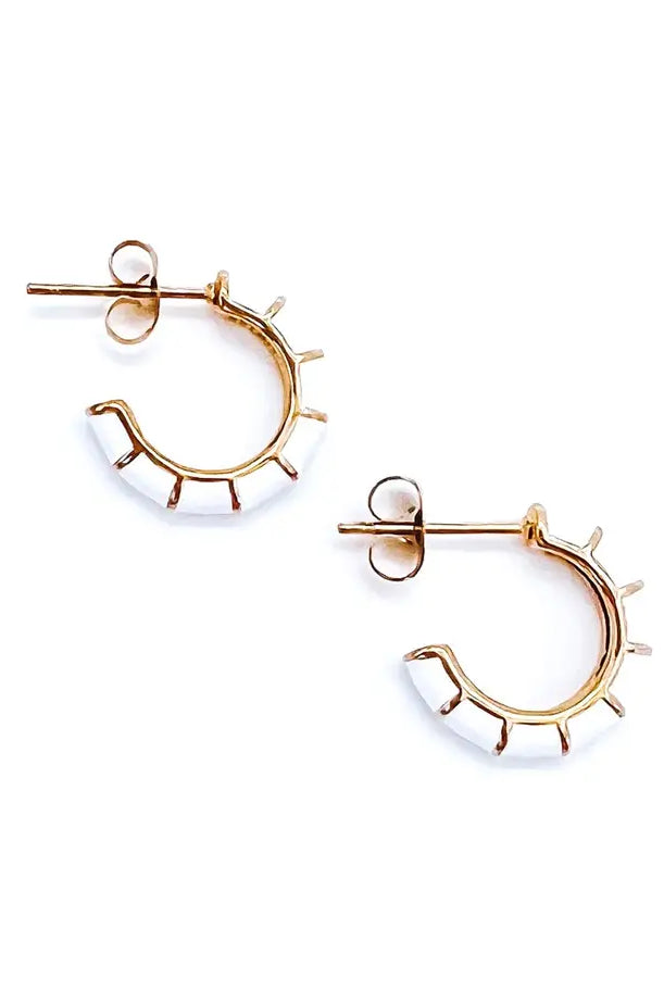 small white enamel and gold huggie hoop earrings ethical Apex boutique