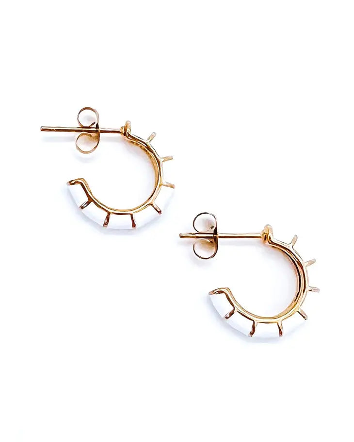 small white enamel and gold huggie hoop earrings ethical Apex boutique